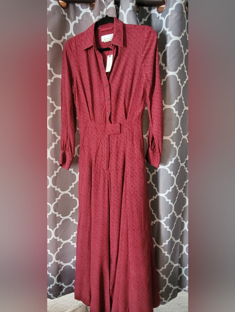 Anthropologie Long-Sleeve Printed Wide Leg Jumpsuit in the color Wine.